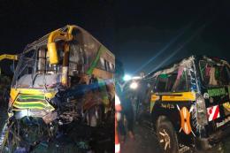 Collage photo of a bus and a matatu involved in a road accident along Nairobi-Nakuru highway..